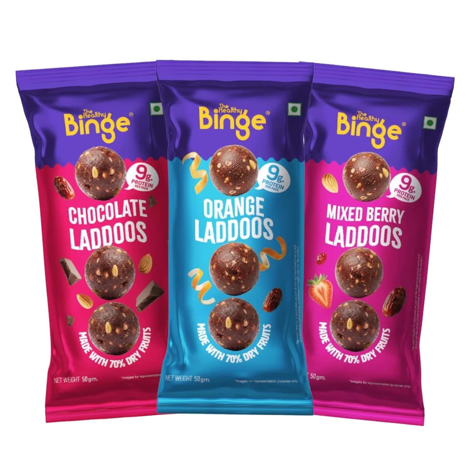 The Healthy Binge Assorted Protein Date Laddoos | Chocolate | Mixed Berry & Orange | 3 X 120g