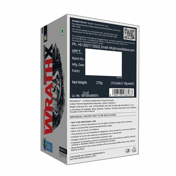 Muscleblaze Pre Workout Wrathx Powder| Cola Frost| 270G | Crash Free With Caffeine & Citrulline