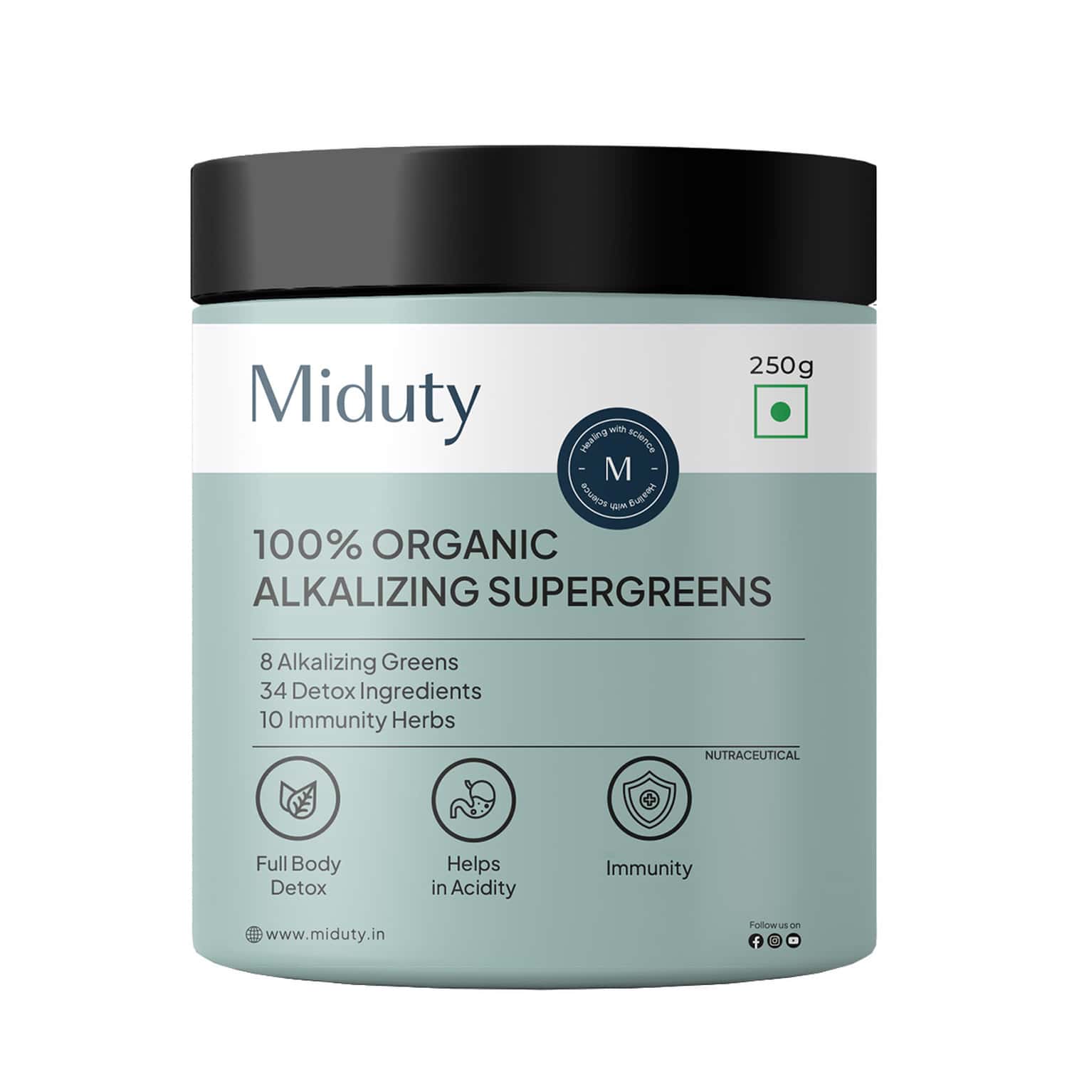 Miduty Palak Notes 100% Organic Alkalizing Super Greens Powder Body Detox & Weight Loss - 250 Grams