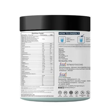Miduty Palak Notes 100% Organic Alkalizing Super Greens Powder Body Detox & Weight Loss - 250 Grams
