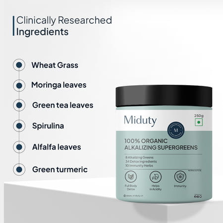 Miduty Palak Notes 100% Organic Alkalizing Super Greens Powder Body Detox & Weight Loss - 250 Grams