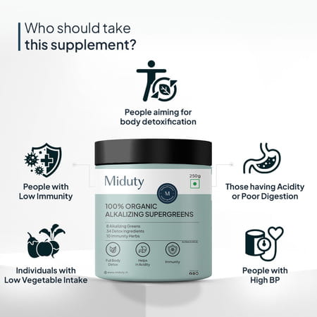 Miduty Palak Notes 100% Organic Alkalizing Super Greens Powder Body Detox & Weight Loss - 250 Grams