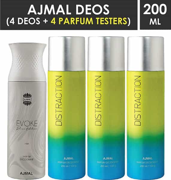 Ajmal 1 Evoke Silver Edition For Him For Men & 3 Distraction For Men & Women Deo Each 200Ml Pack 4
