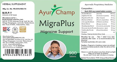 Ayur Champ Migraplus - 900 Tablets Pack Of 5