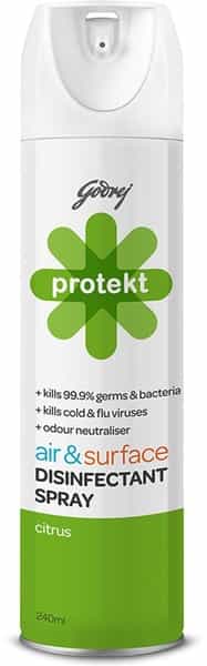Godrej Protekt Disinfectant Spray - Air & Surface Sanitizer Citrus Fragrance - 240Ml