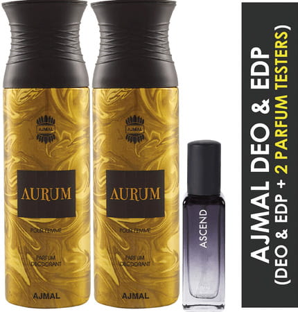 Ajmal 2 Aurum Deo 200ml & Ascend Edp 20ml Pack Of 3 (Total 420ml) For Men & Women + 2 Parfum Testers