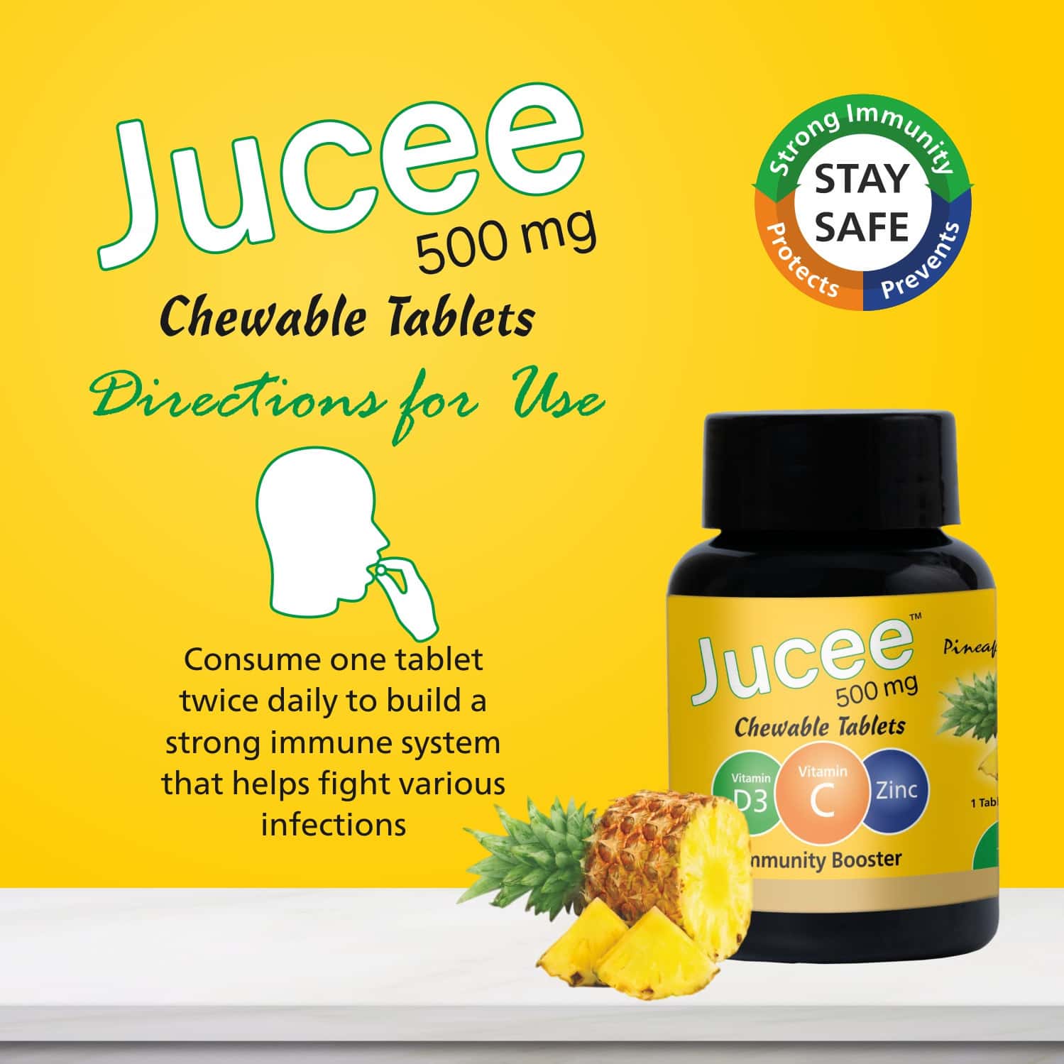 Buy JUCEE CHEWABLE TABLETS 60 CAPS VITAMINS & ZINC PINEAPPLE FLAVOUR (PACK OF 1) Online