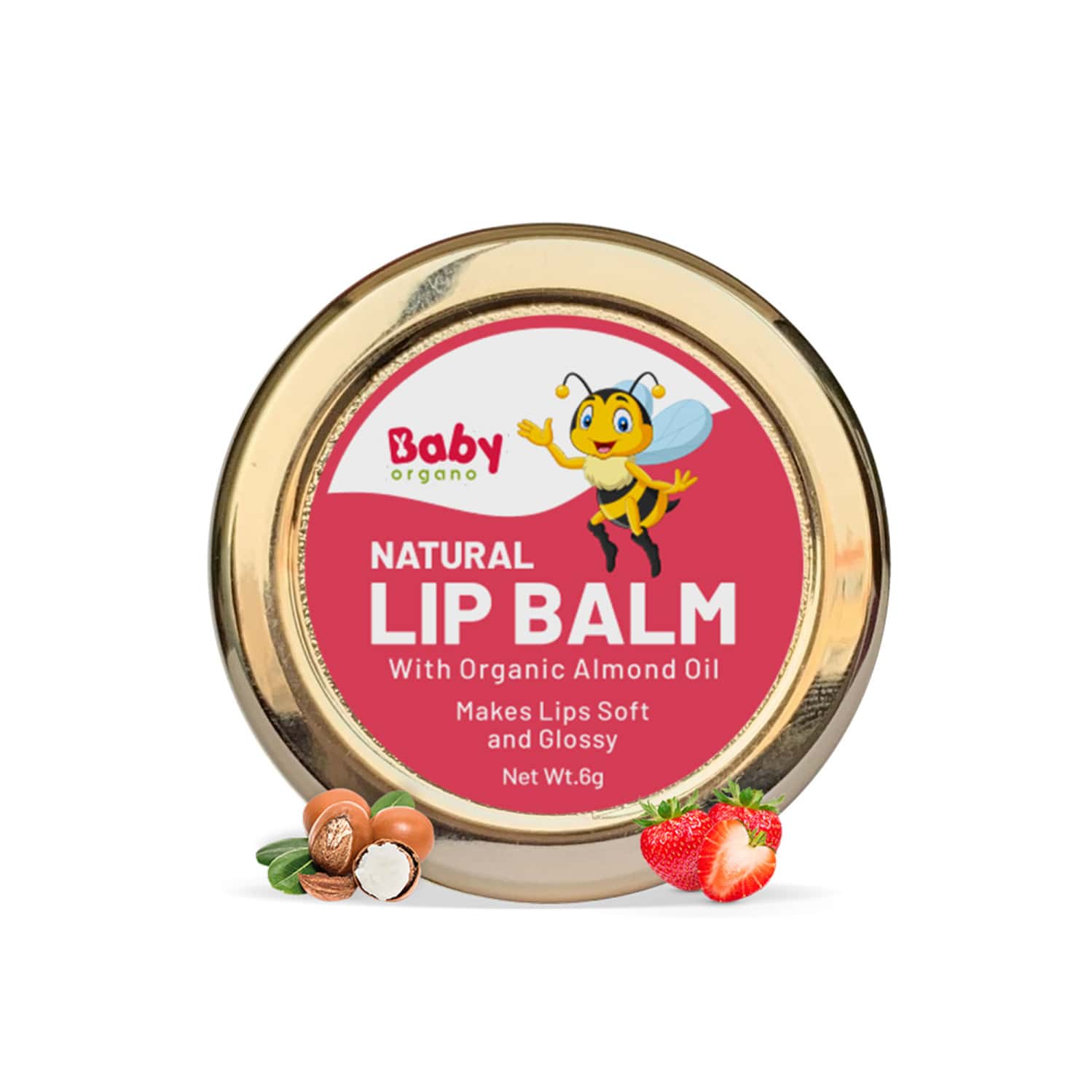 Babyorgano Natural Lip Balm For Kids Strawberry Flavor Enriched With Essential Oils 8gm