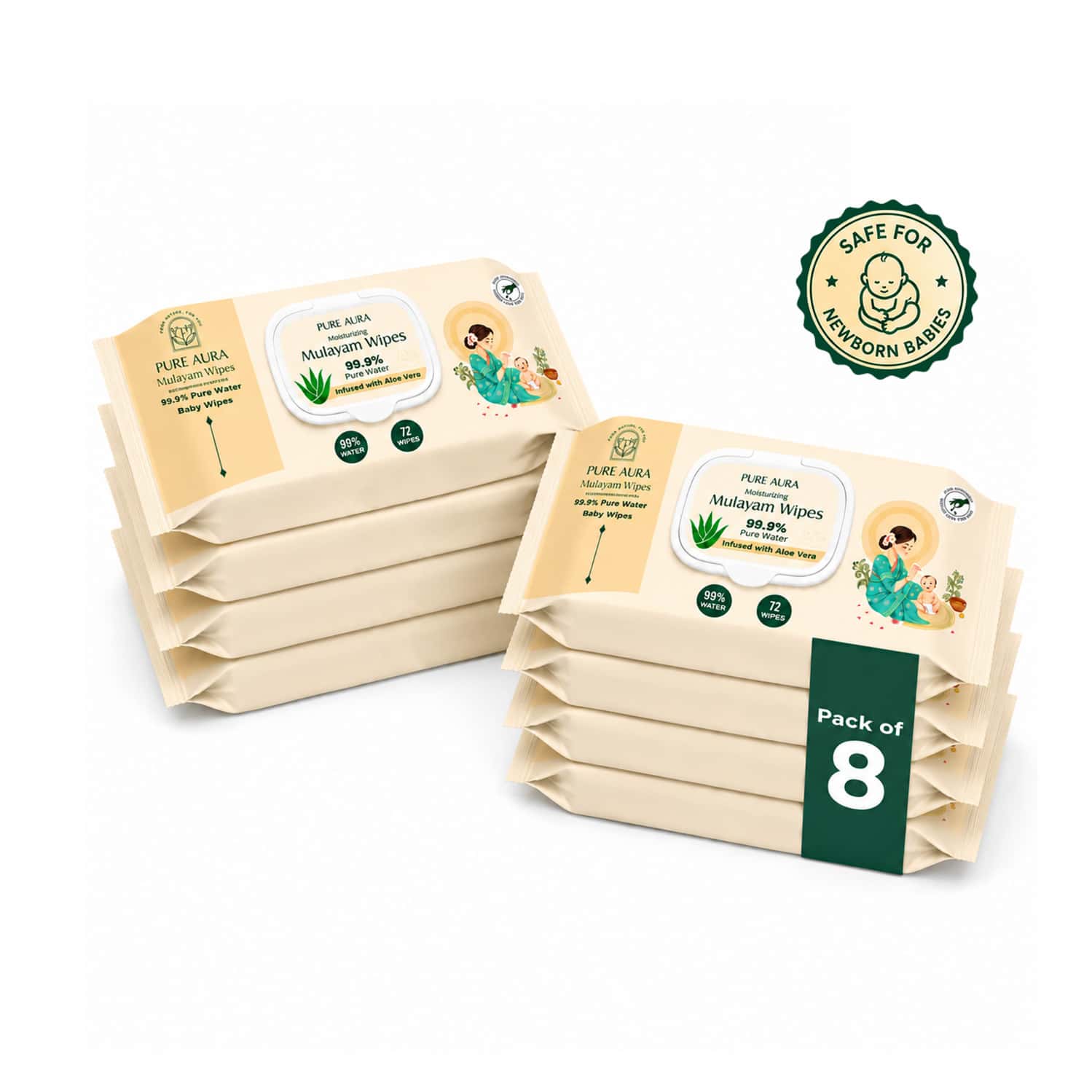 Pure Aura Baby Wipes - Doctor Recommended Pure Water Wipes With Aloe Vera 72 Pulls Pack Of 8