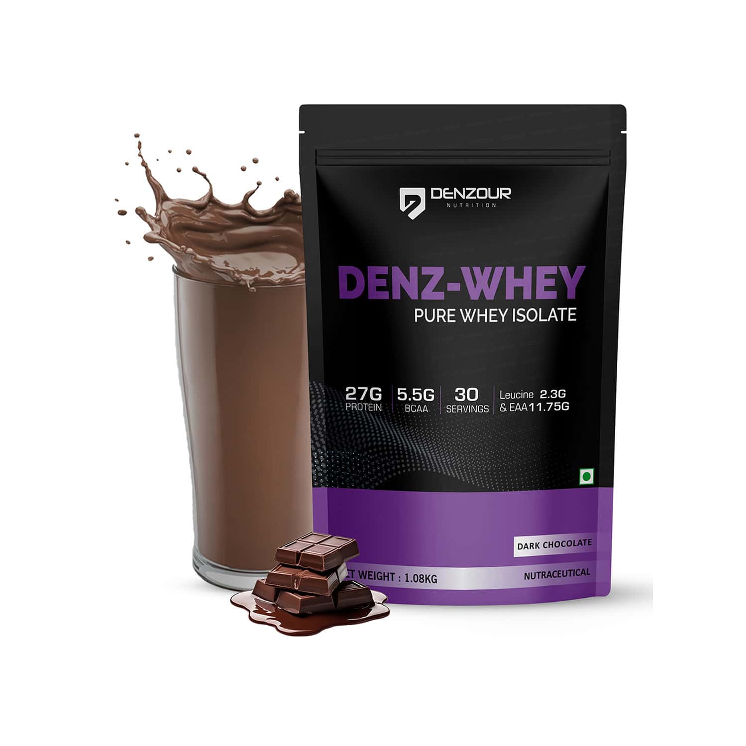 Denzour Nutrition Denz Whey Isolate Protein Powder For Men | Women | Dark Chocolate Flavour | 1.08kg