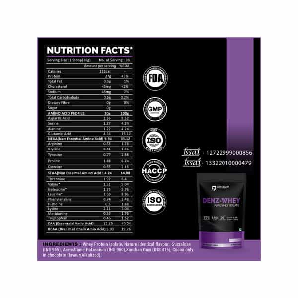 Denzour Nutrition Denz Whey Isolate Protein Powder For Men | Women | Dark Chocolate Flavour | 1.08Kg