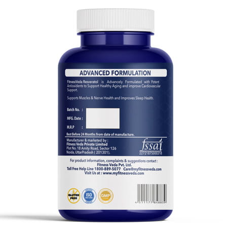 Fitness Veda 99.9% Pure Trans Resveratrol 500mg Supplement Slow Down Aging (60 Veg Capsules)