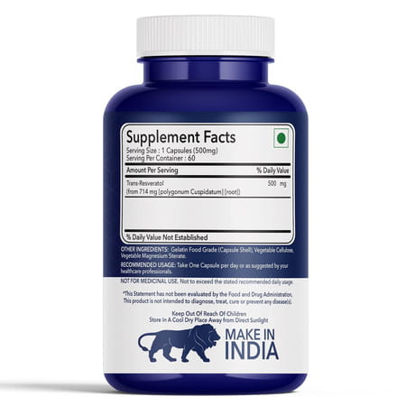 Fitness Veda 99.9% Pure Trans Resveratrol 500mg Supplement Slow Down Aging (60 Veg Capsules)