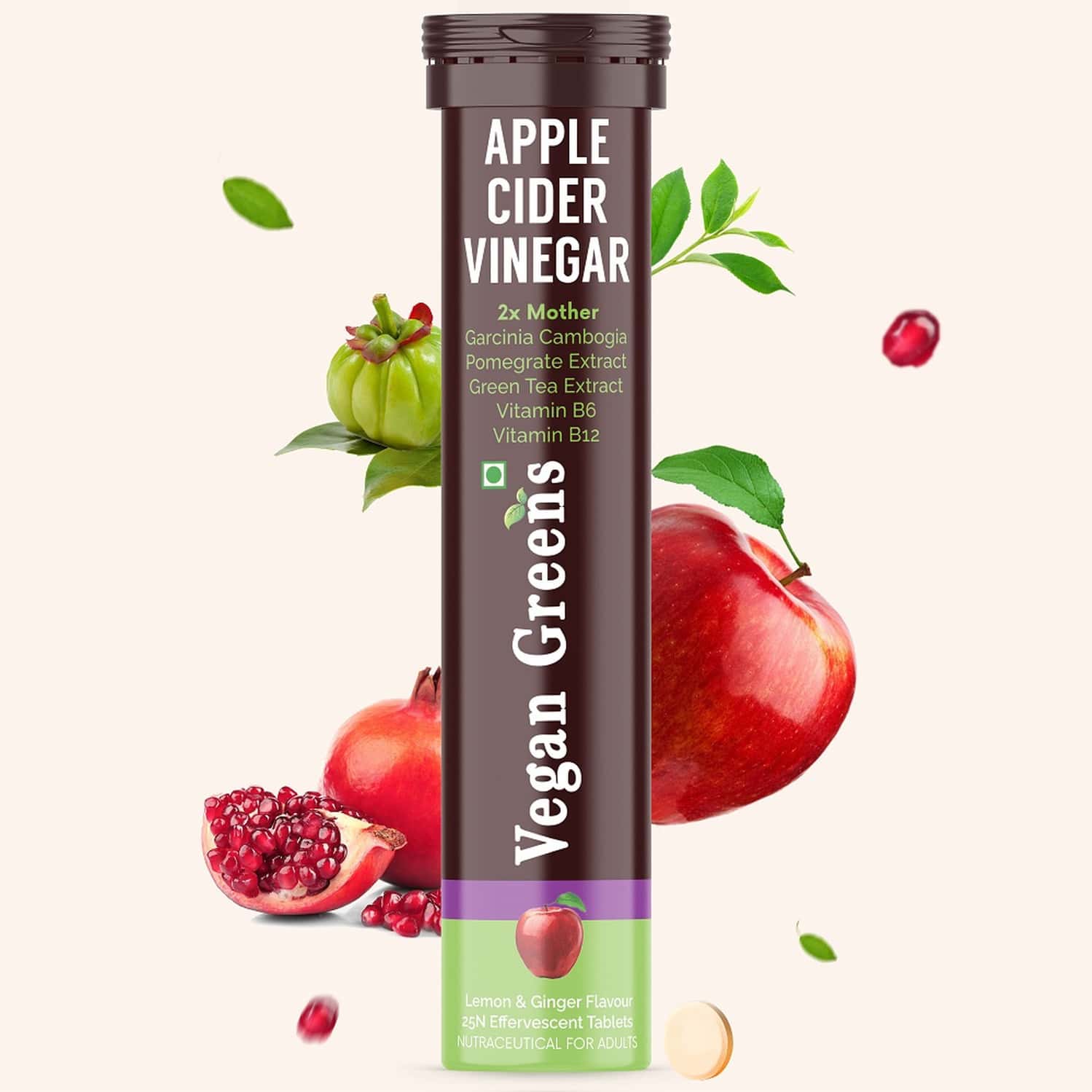 Vegan Greens Apple Cider Vinegar With Garcinina, Pomegrate, Green Tea, Vit B6- 25 Effer, Lemonginger