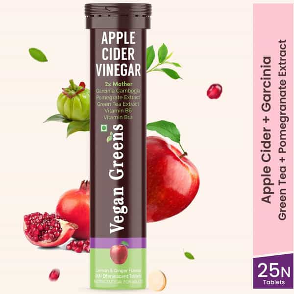 Vegan Greens Apple Cider Vinegar With Garcinina, Pomegrate, Green Tea, Vit B6- 25 Effer, Lemonginger