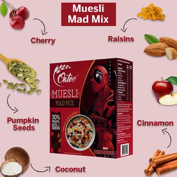 Oateo Muesli Mad Mix (Raisins Cherry Almond) 400 Grams - 400G
