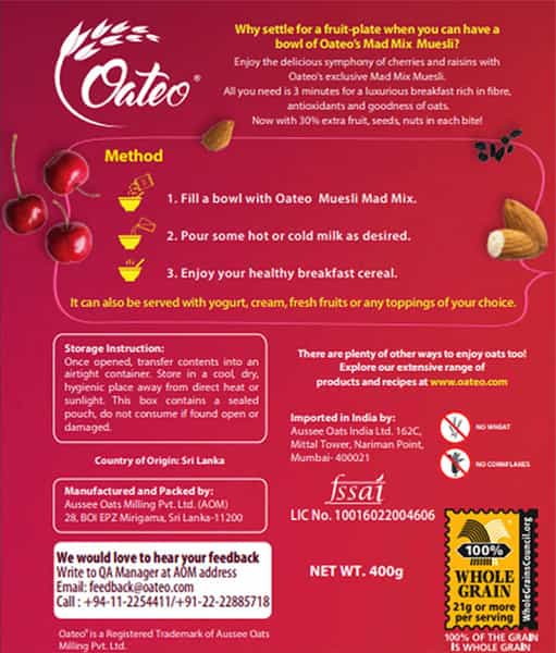 Oateo Muesli Mad Mix (Raisins Cherry Almond) 400 Grams - 400G