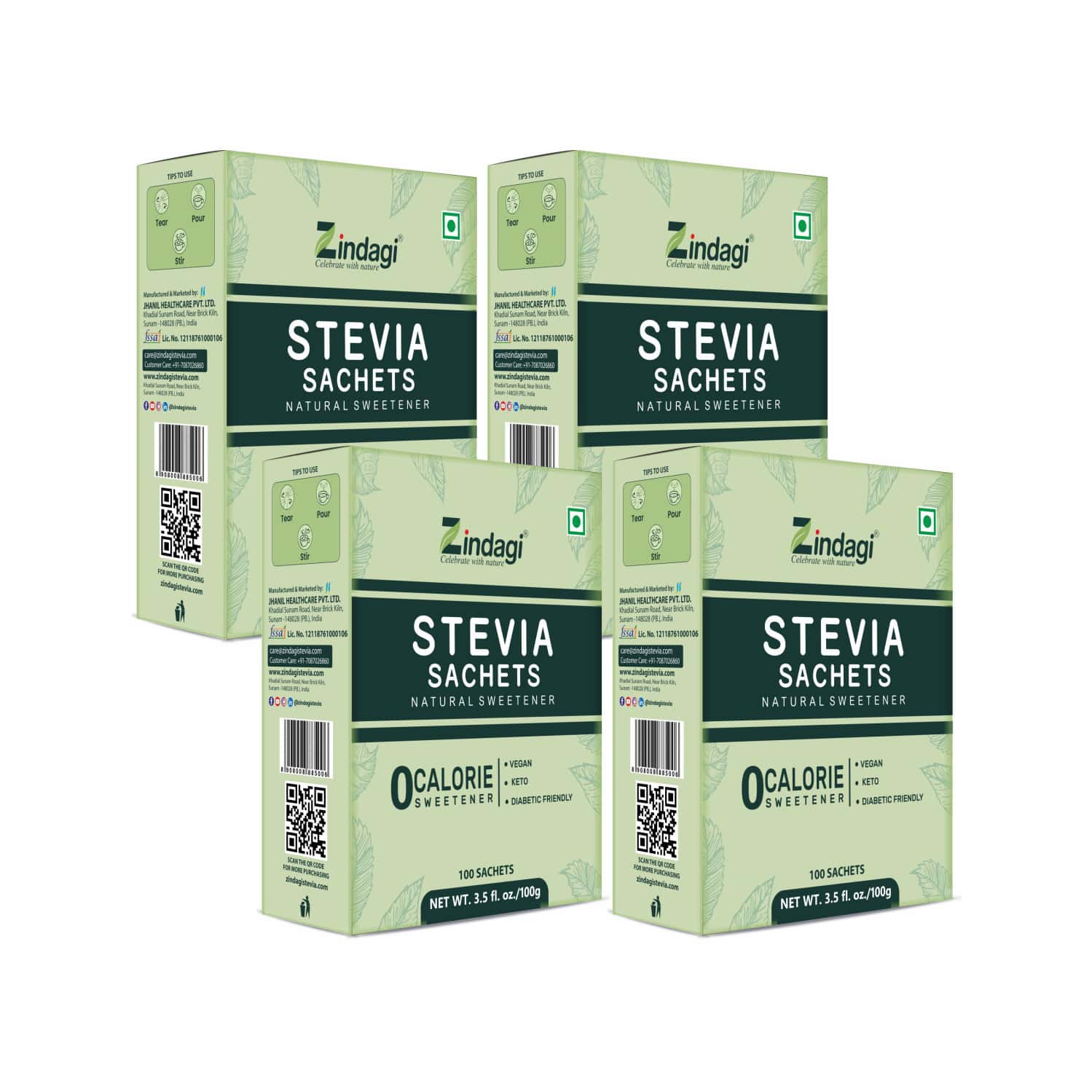 Zindagi Stevia White Powder 100 Sachets -stevia Sachets-sugar-free Stevia Powder Sachets (pack Of 4)