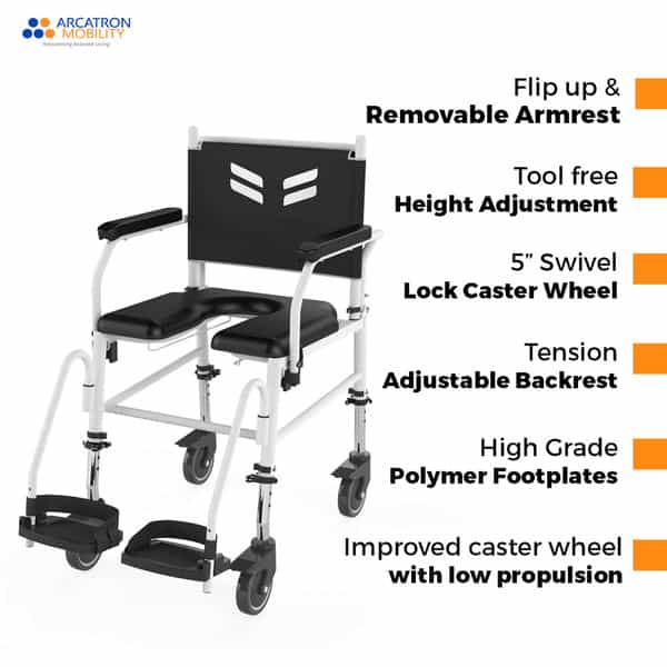 Arcatron Mobility Prime Assistant Propelled Shower Commode Wheelchair - Swivel Armrest