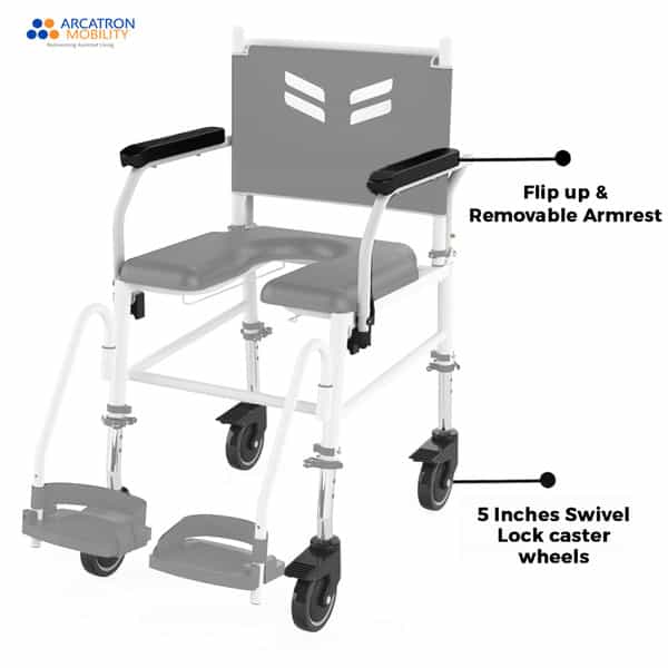 Arcatron Mobility Prime Assistant Propelled Shower Commode Wheelchair - Swivel Armrest