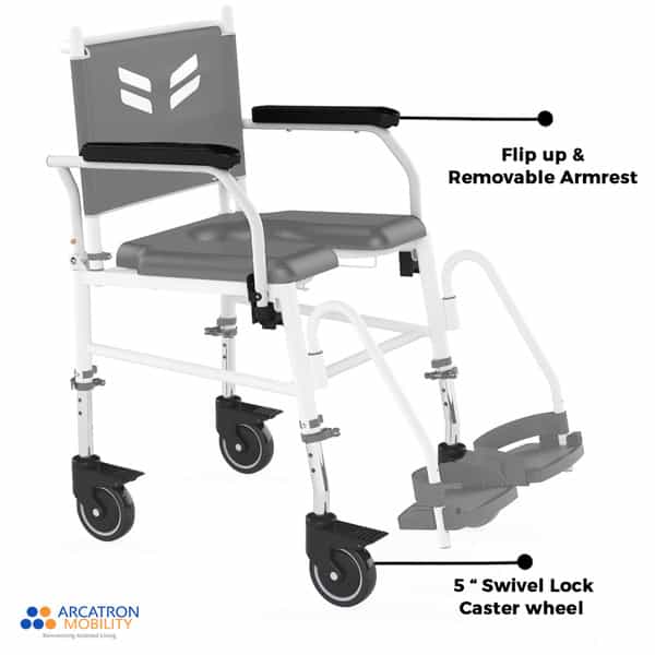 Arcatron Mobility Prime Assistant Propelled Shower Commode Wheelchair - Swivel Armrest