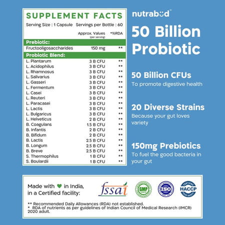 Nutrabud Probiotic 50 Billion Cfu | Gut & Immune Support | 60 Veg Capsules
