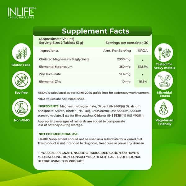 Inlife Magnesium Glycinate With Zinc Picolinate Tablets 2000Mg | Chelated High Absorption | 120N