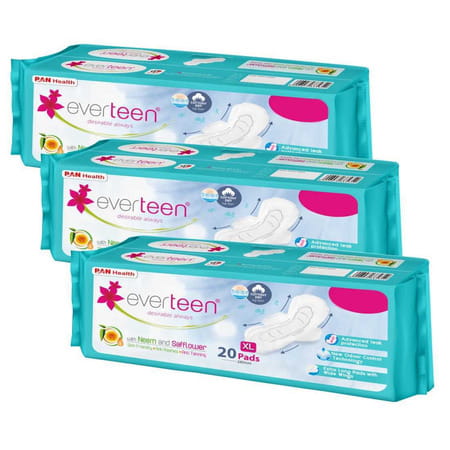 Everteen Xl Cottony-Dry Sanitary Pads (Neem | Safflower) Pack Of 3 | 20 Pads Each