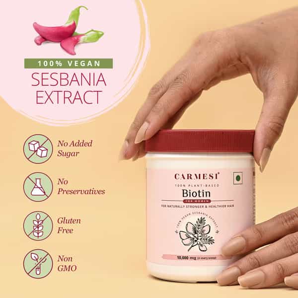 Carmesi 100% Plant-Based Biotin For Women For Naturally Stronger & Healthier Hair 90G (15 Servings)