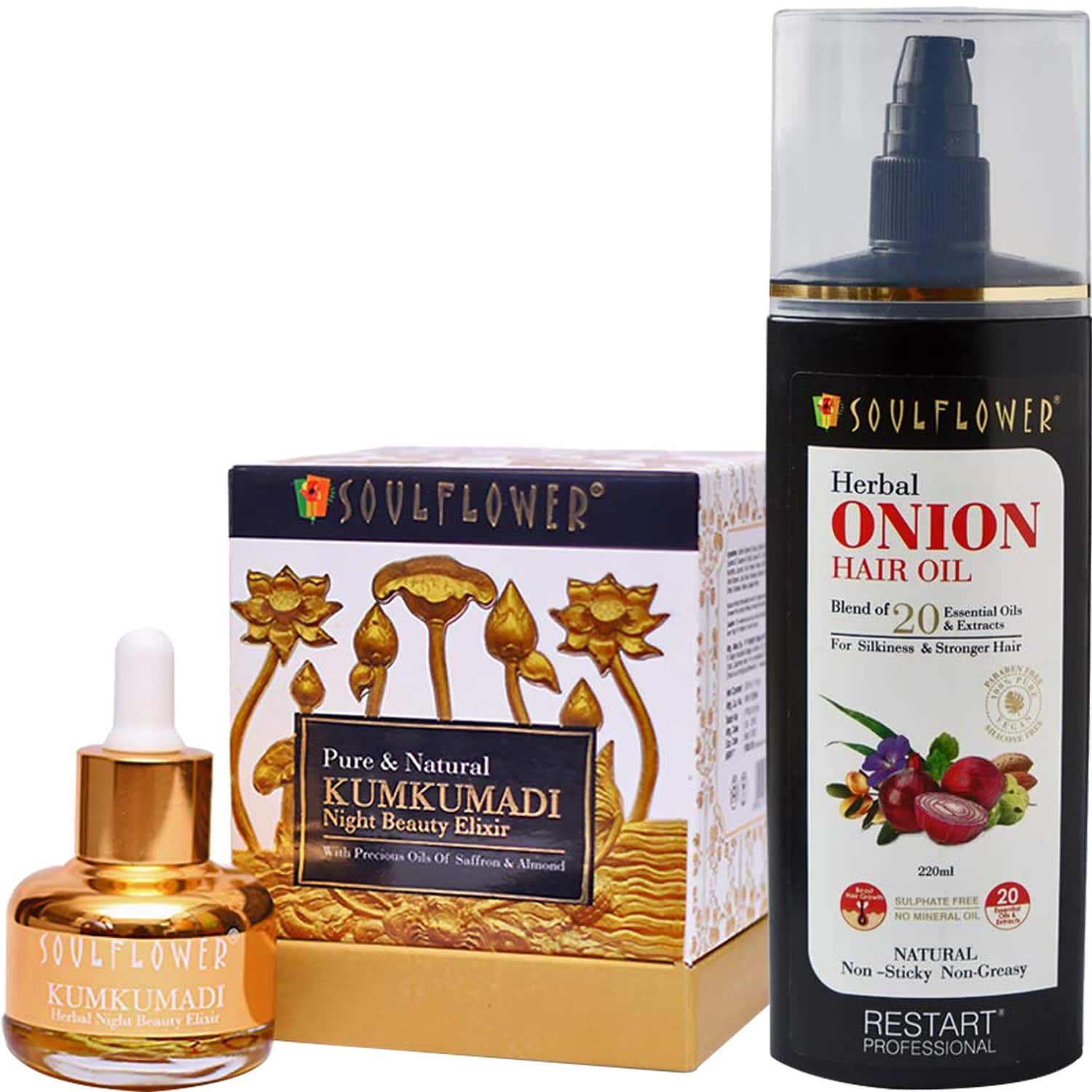 Buy SOULFLOWER HERBAL ONION HAIR OIL (220 ML) & KUMKUMADI OIL HERBAL