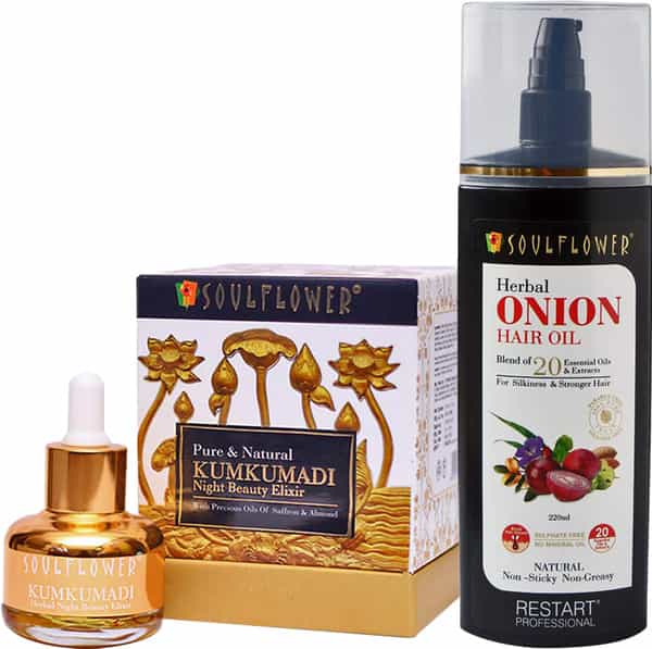 Soulflower Herbal Onion Hair Oil (220 Ml) & Kumkumadi Oil Herbal Night Beauty Elixir (30Ml)
