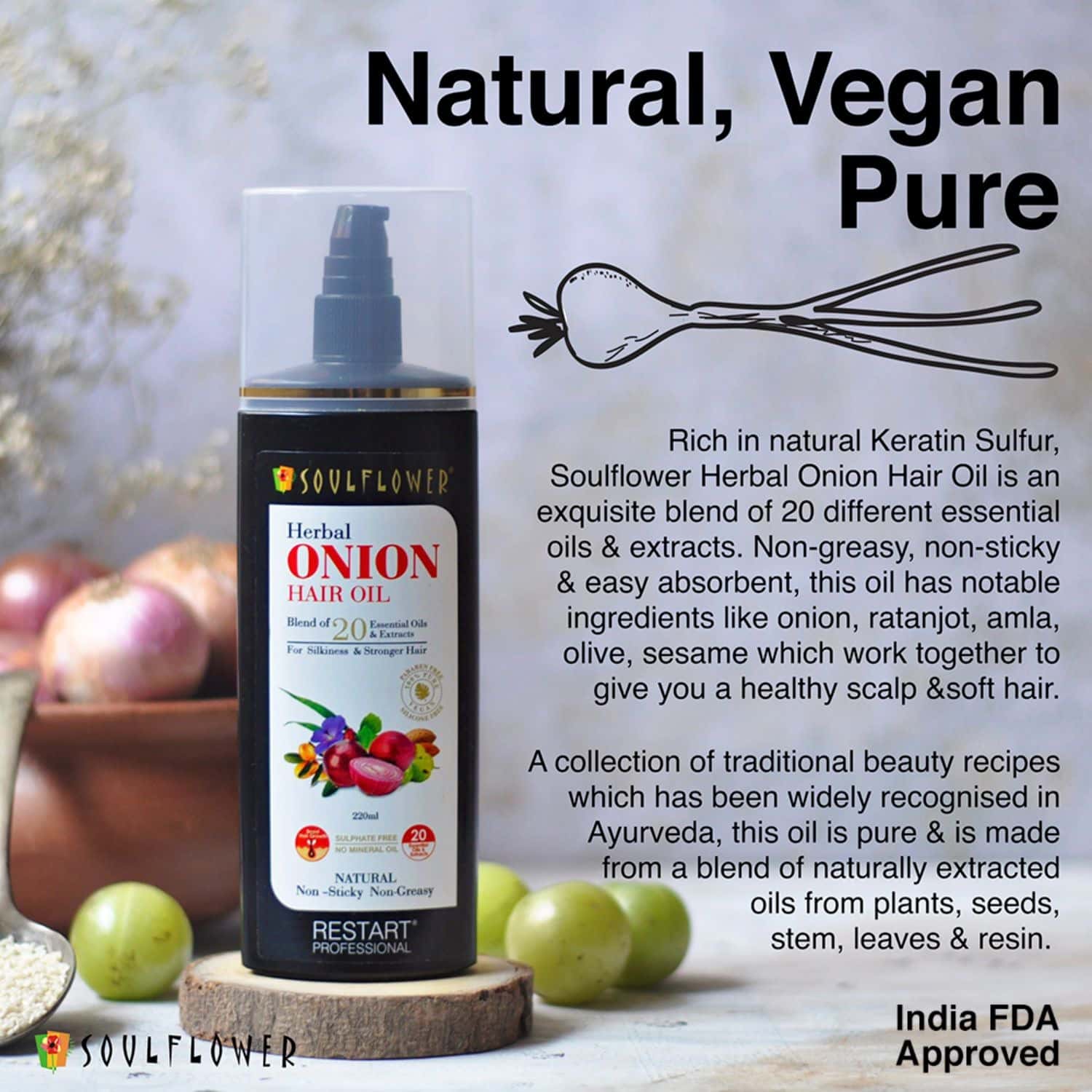 Buy SOULFLOWER HERBAL ONION HAIR OIL (220 ML) & KUMKUMADI OIL HERBAL