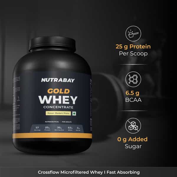 Nutrabay Gold 100% Whey Protein Concentrate|Muscle Support & Recovery|Kesar Badam Pista|2Kg