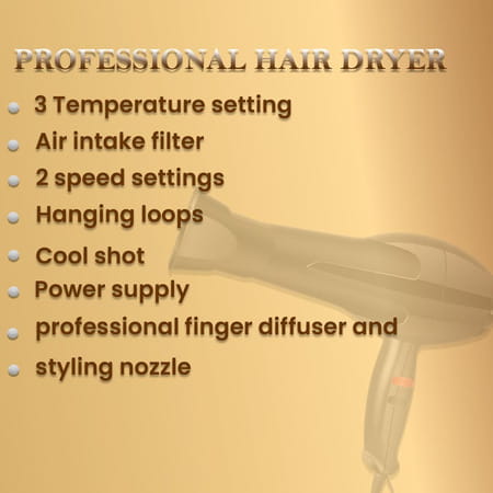 Ktein 2000W Professional Hair Dryer - Salon Pro Use With 3 Temperature Settings - (1 Unit)