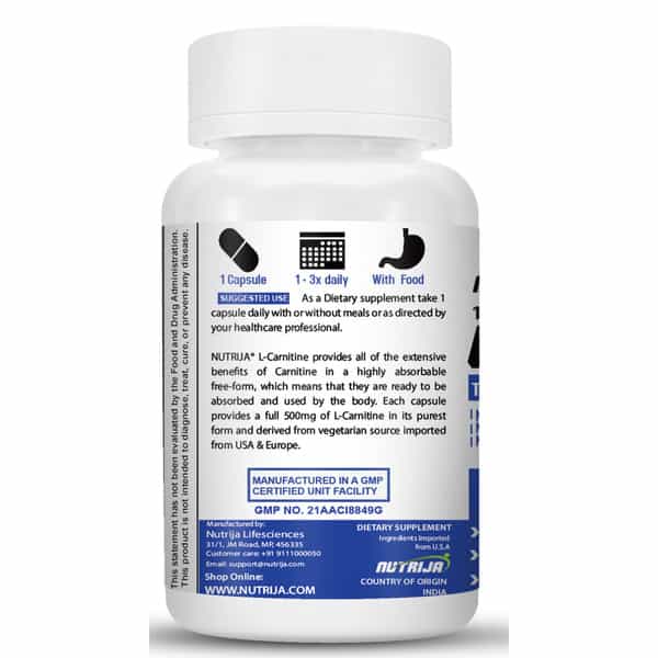 Nutrija L-Carnitine L-Tartrate 500Mg Supplement |Supports Weight Loss(60 Capsules)