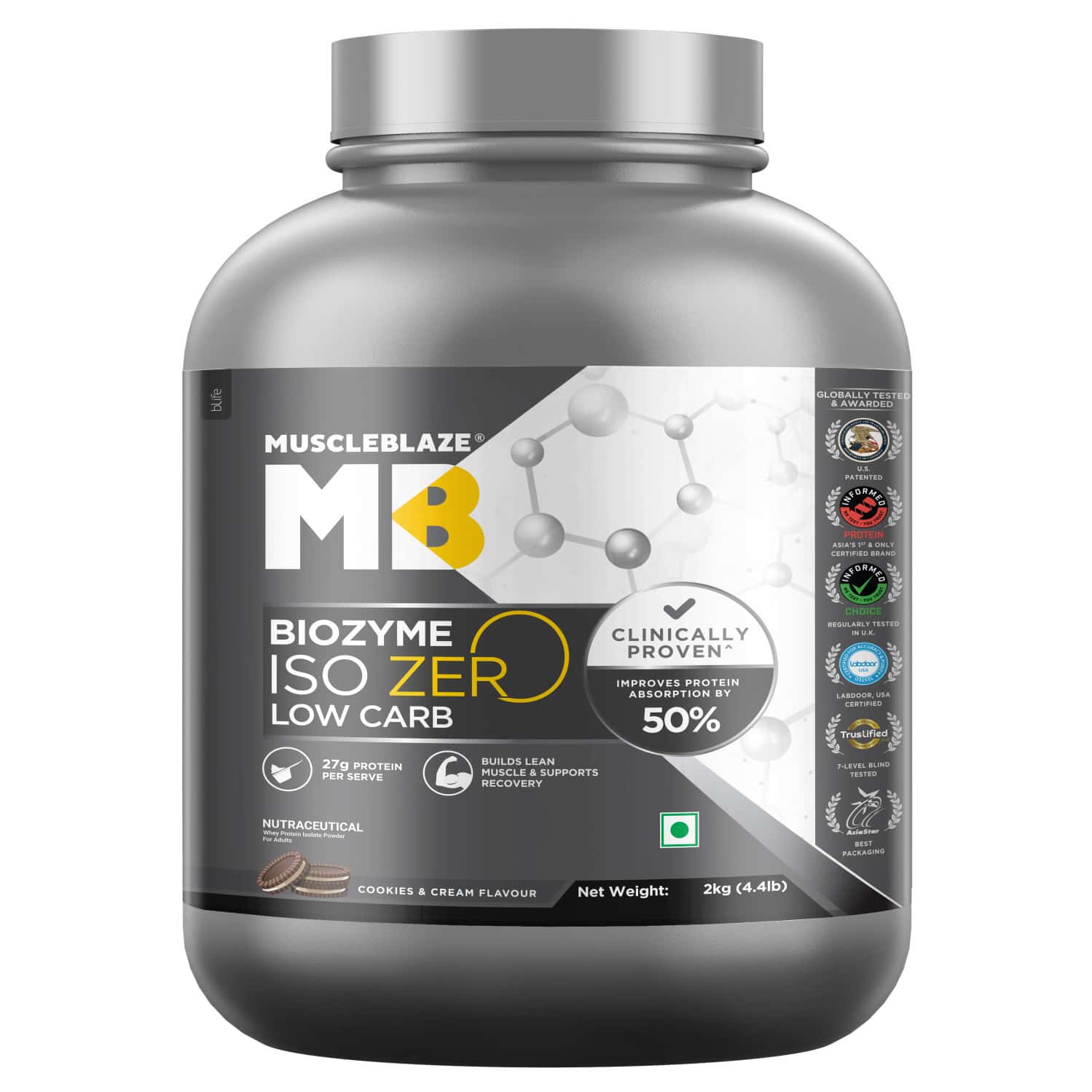 Muscleblaze Biozyme Iso - Zero | Low Carb | 100 Pure Whey Protein Isolate (cookies & Cream | 2 Kg)