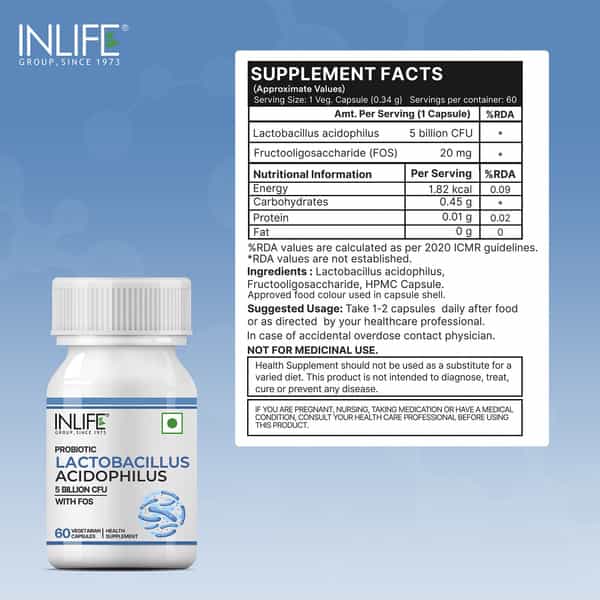 Inlife Lactobacillus Acidophilus Probiotic 5 Billion Cfu With Fos | Prebiotic Fos 20Mg - 60 Veg Caps