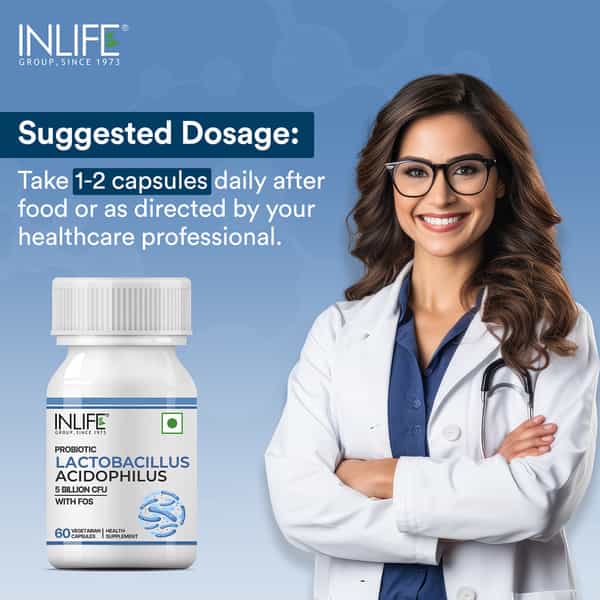 Inlife Lactobacillus Acidophilus Probiotic 5 Billion Cfu With Fos | Prebiotic Fos 20Mg - 60 Veg Caps