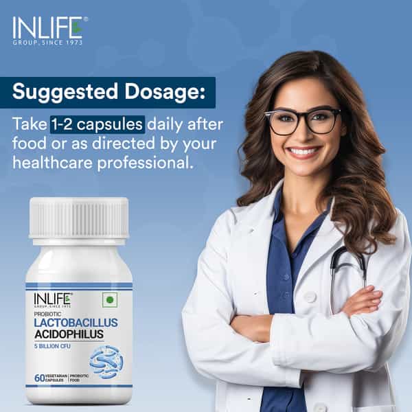Inlife Probiotic Lactobacillus Acidophilus 5 Billion Cfu Gut Health For Men Women - 60 Veg Capsules