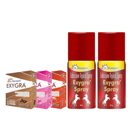 Dr. Morepen Combo Exygra Condom 3s (Longlast | Strawberry | Choco) & Exygra Spray (20gm Pack Of 2)