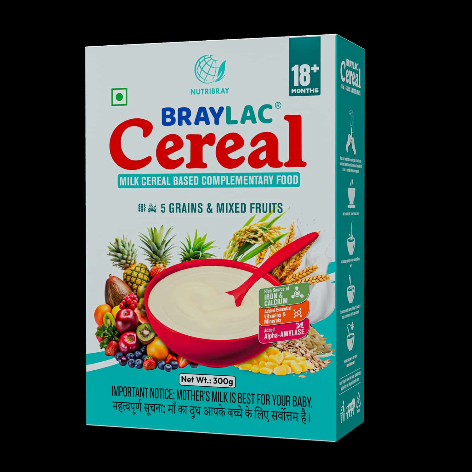 Braylac Cereal Powder 5 Grains & Mix Fruits From 18 To 24 Months | 300 G | Bag In Box