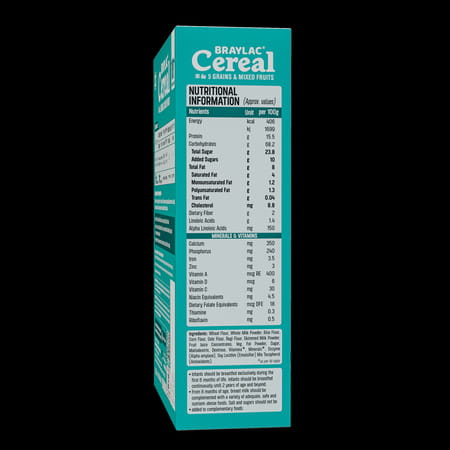 Braylac Cereal Powder 5 Grains & Mix Fruits From 18 To 24 Months | 300 G | Bag In Box