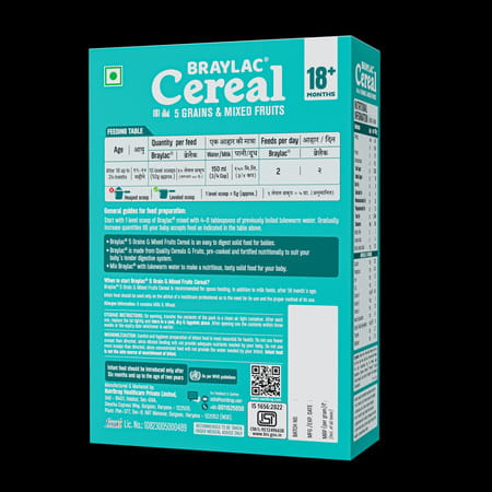 Braylac Cereal Powder 5 Grains & Mix Fruits From 18 To 24 Months | 300 G | Bag In Box