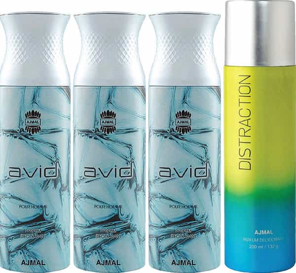 Ajmal 3 Avid For Men And 1 Distraction For Unisex Deodorants Each 200Ml Combo Pack Of 4