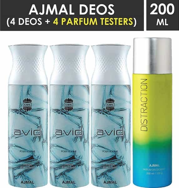 Ajmal 3 Avid For Men And 1 Distraction For Unisex Deodorants Each 200Ml Combo Pack Of 4