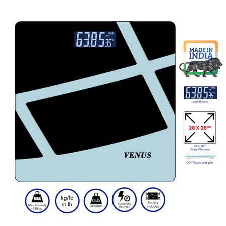Venus (India) Electronic Digital Personal Bathroom Weight Machine | Upto 180kg | Eps-6399-New-Grey