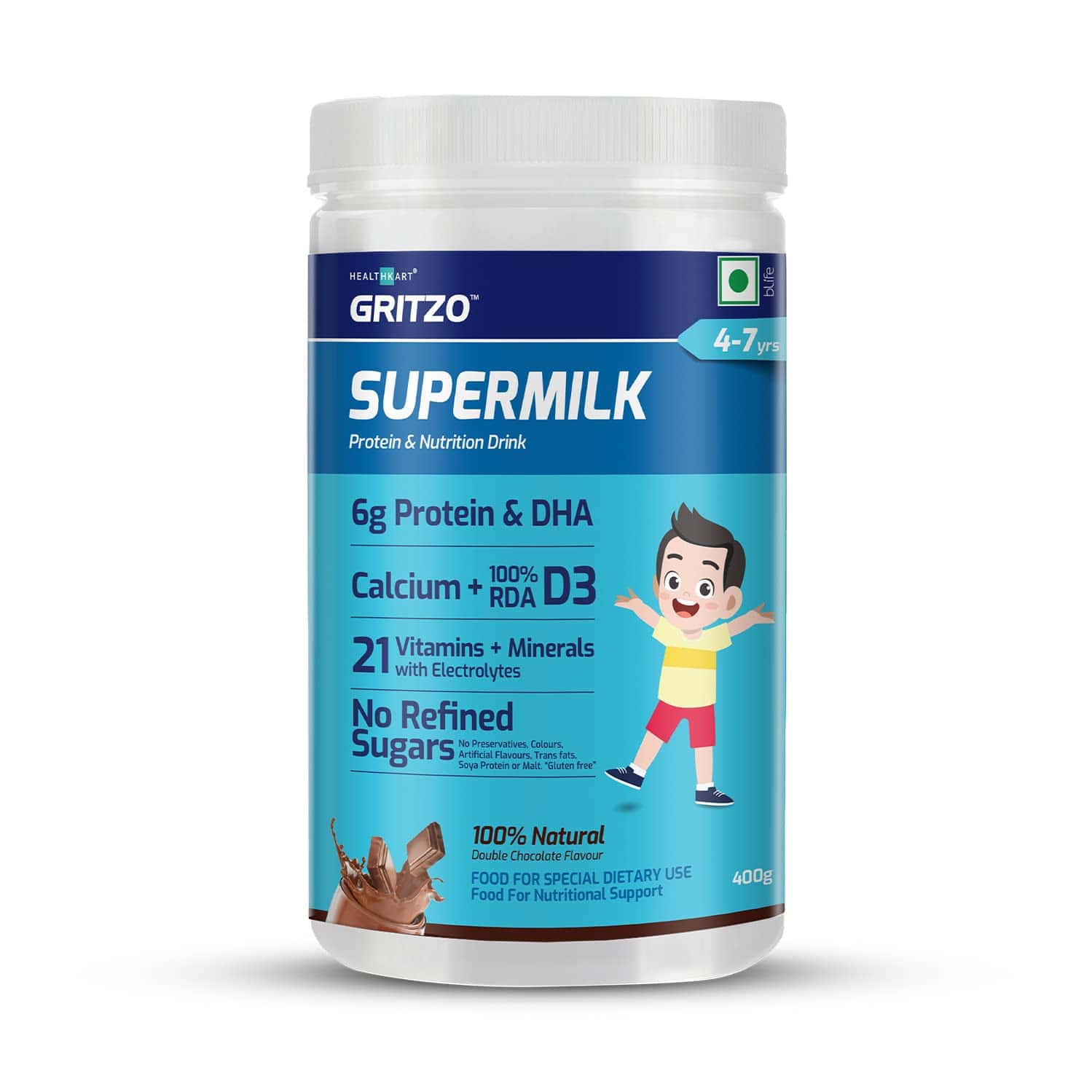 Gritzo Supermilk Active Kids 4 -7 Yrs Kids Personalized Protein 400 Gm (double Chocolate)