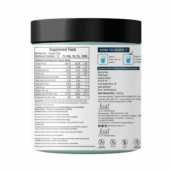 Miduty Matcha Tea - Mct Fat - Antioxidant - Coconut Milk Powder - Anti Aging - Weight Loss - 260G