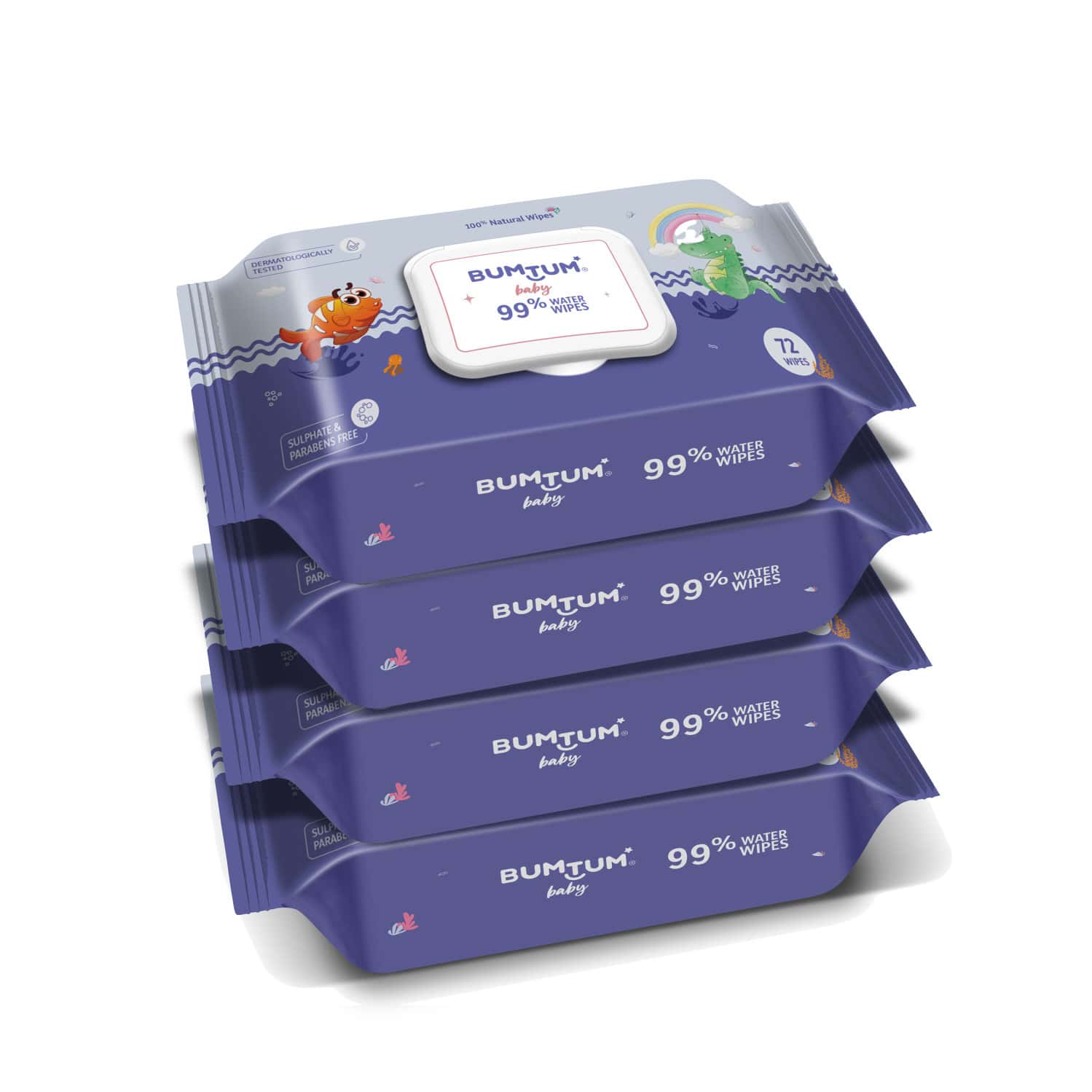 Bumtum Baby Gentle 99% Pure Water Wet Wipes With Lid Paraben Free (Pack Of 4 | 72 Pcs. Per Pack)