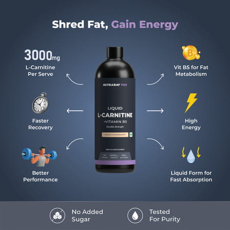 Nutrabay Pro Liquid L-Carnitine With Vitamin B5-450 Ml Mango Strawberry | 30 Servings | 3000mg